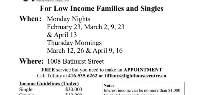 Flyer for Income Tax Clinic for low income families and singles.